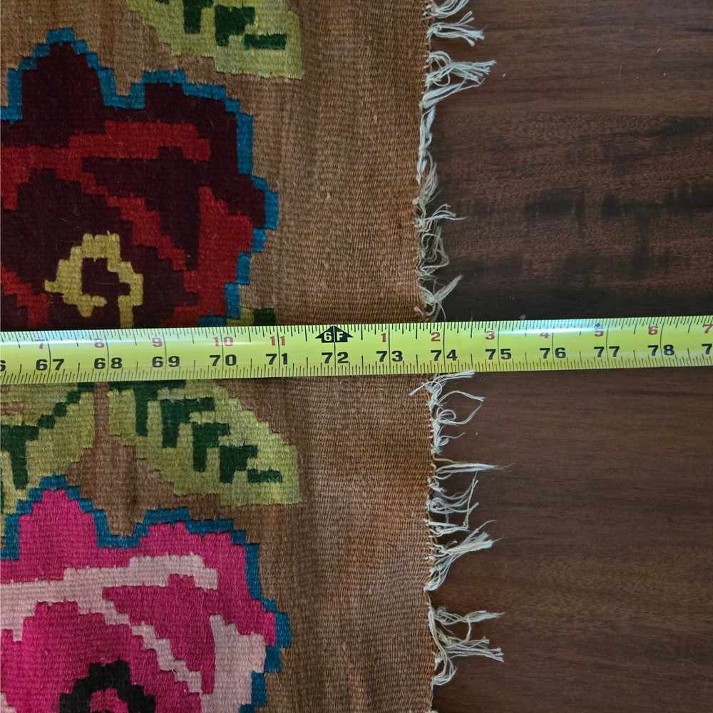 Vintage Handwoven Kilim Rug Floral Medallion Turquoise Tan Boho Flatweave Fringe - Picture 14 of 16